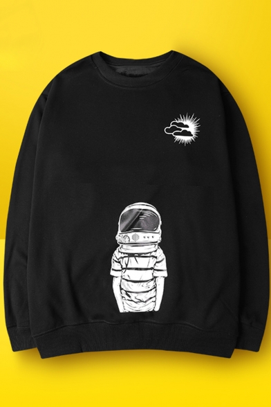 Unisex Astronaut Cartoon Printed Long Sleeve Round Neck Pullover Sweatshirt