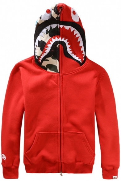Unisex Cartoon Shark Printed Hooded Long Sleeve Zipper Placket Zip-Up Hoodie Sweatshirt
