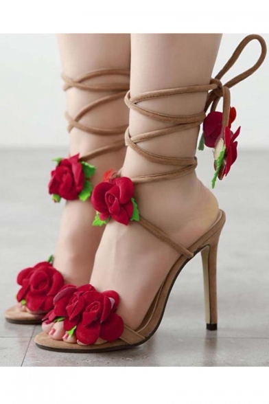 Women's Elegant Floral Appliqued Tied Bandage High-Heeled Sandal
