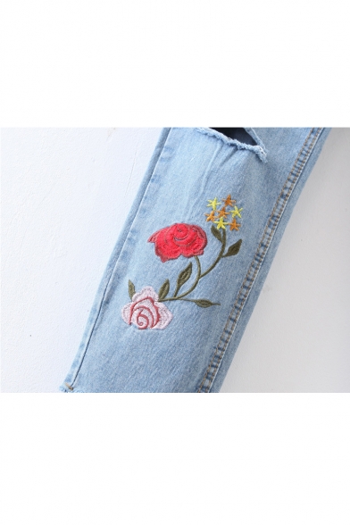 Women's Fashion Cutout Embroidery Floral High Waist Jeans
