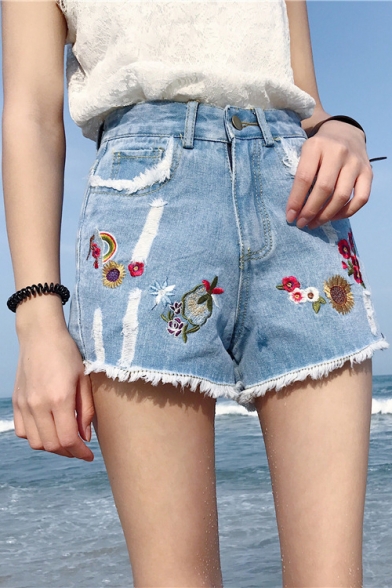 Basic High Rise Fresh Floral Embroidered Fringe Hem Denim Shorts