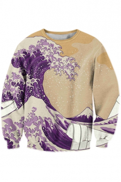 Digital Wave Printed Round Neck Long Sleeve Fashion Pullover Sweatshirt