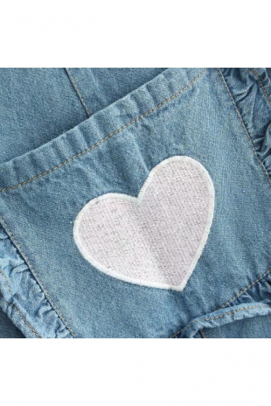 Fashion Straps Sleeveless Embroidery Heart Pattern Pocket Plain Denim Overalls