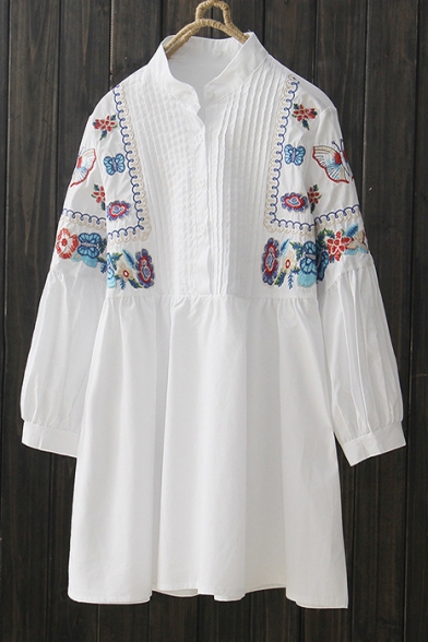 Floral Butterfly Embroidered Long Sleeve Loose Buttons Down Smock Blouse