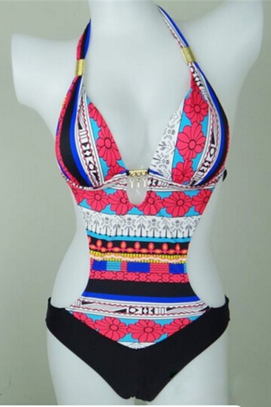 New Arrival Tribal Printed Open Back Halter Neck One Piece Swimwear