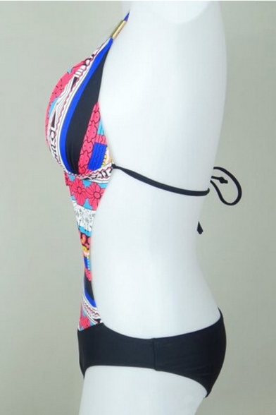 New Arrival Tribal Printed Open Back Halter Neck One Piece Swimwear