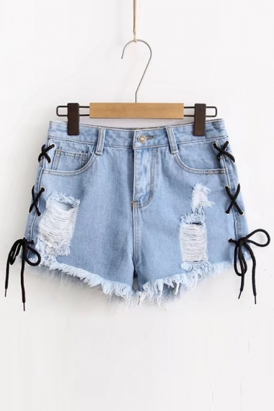 New Fashion Lace-Up Side Ripped Summer's Hot Pants Denim Shorts