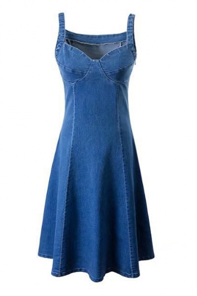 New Stylish Sleeveless Straps Plain Midi Denim Dress