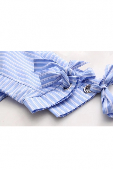 Peter-Pan Collar Bow Tie Cuff Striped Printed High Low Hem Pullover Blouse