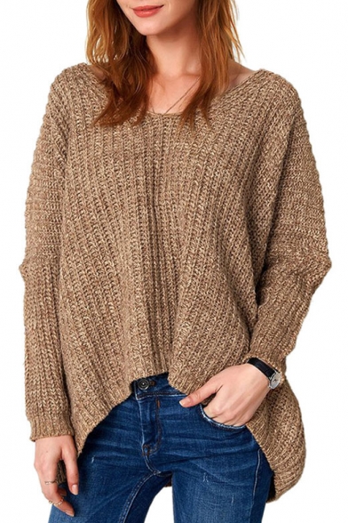 V Neck Long Sleeve Oversize Leisure Plain High Low Pullover Sweater