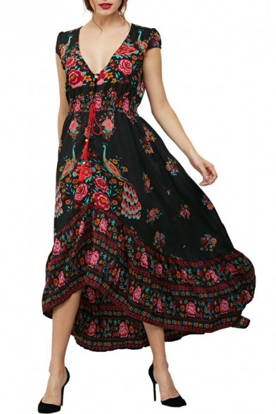 Women's V-Neck Floral Printed Short Sleeve High Low Hem Asymmetric Dress