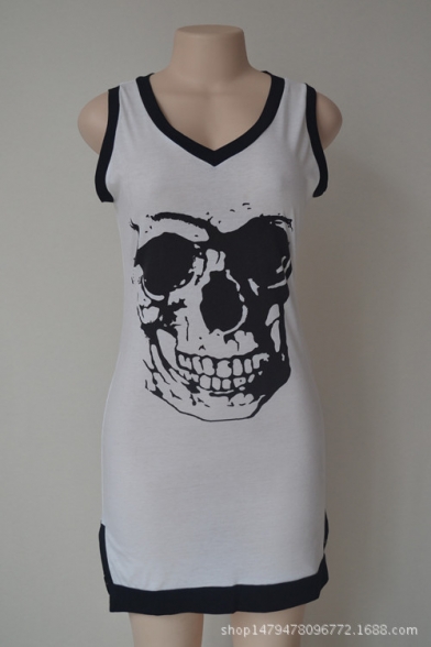 Women's V-Neck Skull Printed Sleeveless Mini Tank Dress