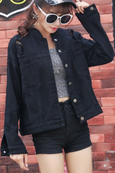 BF Style Single Breasted Ripped Stand-Up Collar Plain Denim Jacket