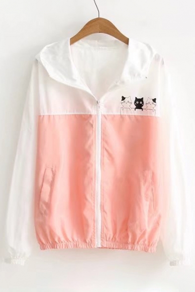 Cute Cartoon Cat Pattern Color Block Long Sleeve Hooded Zip Up Coat
