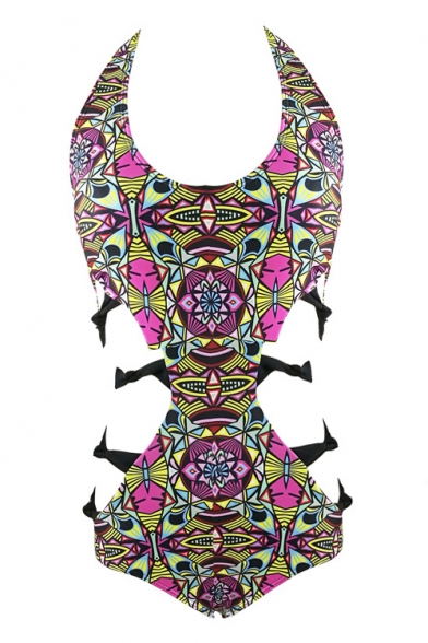 Floral Printed Halter Neck Knotted Hollow Out Sexy Oversize One Piece Swimwear