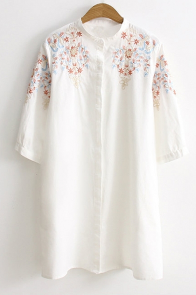 Fresh Floral Embroidered Half Sleeve Loose Leisure Tunic Shirt
