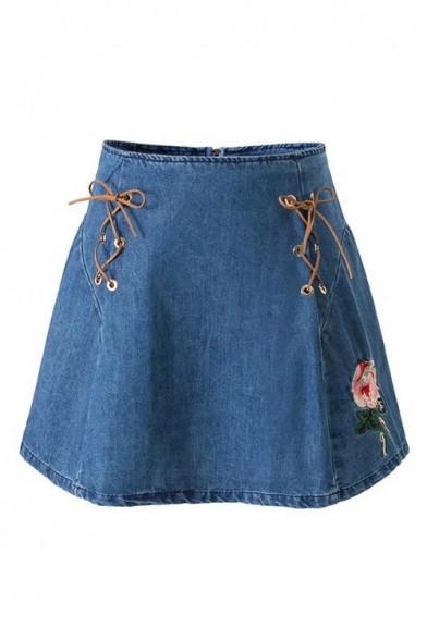 Lace-Up Sides Embroidery Floral Pattern Zip Back Mini A-Line Denim Skirt