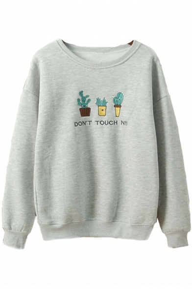 Letter Cactus Embroidered Round Neck Long Sleeve Basic Pullover Sweatshirt