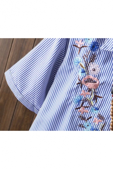 New Arrival Embroidery Floral Striped Lapel Single Breasted Short Sleeve Shirt