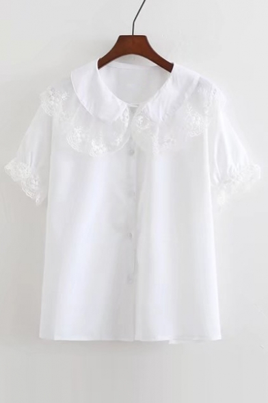 New Arrival Lace Patchwork Lapel Short Sleeve Single Breasted Plain Shirt