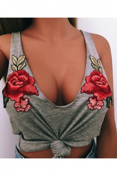New Fashion Sexy Plunge Neck Floral Embroidered Sleeveless Tank Top