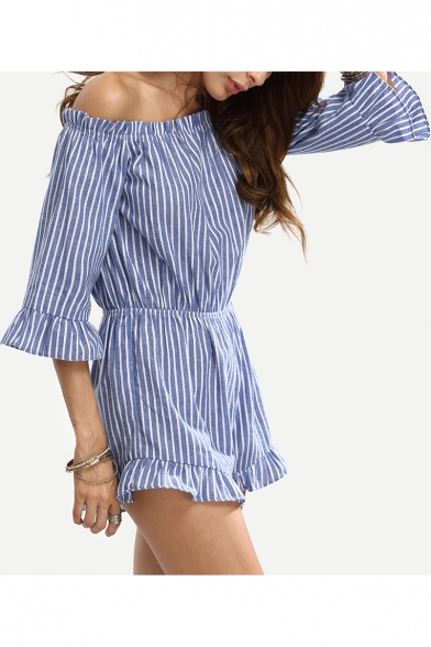 Off the Shoulder Bell Half Sleeve Striped Rompers