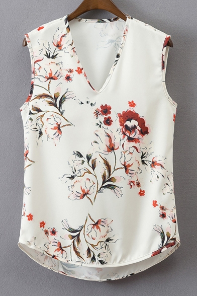 V Neck Sleeveless Floral Printed High Low Hem Loose Casual Tank Top