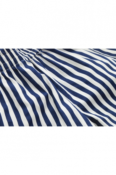 Vertical Striped Print Elastic Waist Wide Legs Loose Beach Shorts