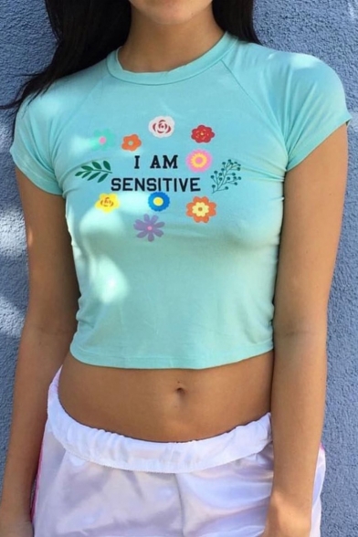 Women's I AM SENSITIVE Floral Printed Short Sleeve Round Neck Cropped Tee