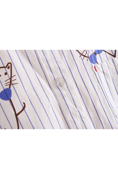 Cartoon Cat Striped Printed Lapel Collar Long Sleeve Buttons Down Tunic Shirt