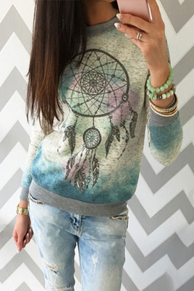 Fashion Dreamcatcher Color Block Printed Long Sleeve Round Neck T-Shirt