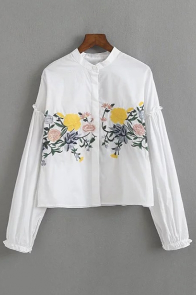 Floral Embroidered Fashion Long Sleeve Casual Buttons Down Shirt
