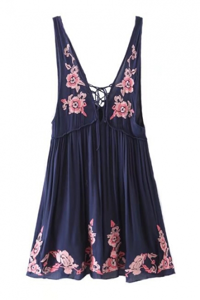 Floral Embroidered Plunge Neck Sleeveless Mini A-Line Tank Dress