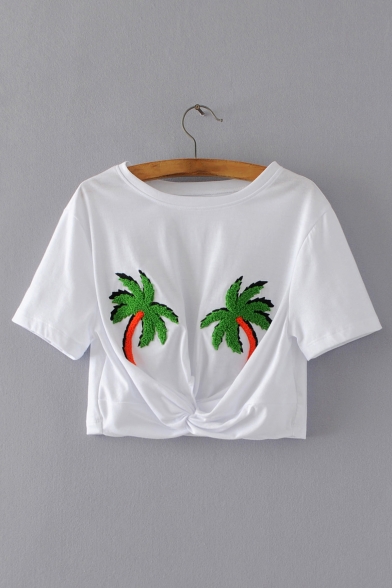 Fresh Embroidery Tree Pattern Short Sleeve Ruched Front Round Neck Cropped Tee