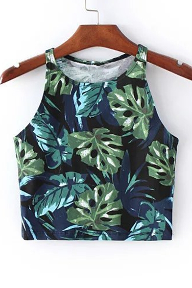 Green Leaves Pattern Round Neck Sleeveless Cropped Tank Tee