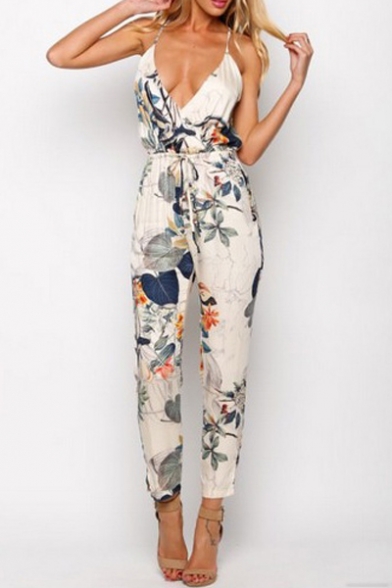 Hot Fashion Plunge Neck Spaghetti Straps Floral Printed Jumpsuits