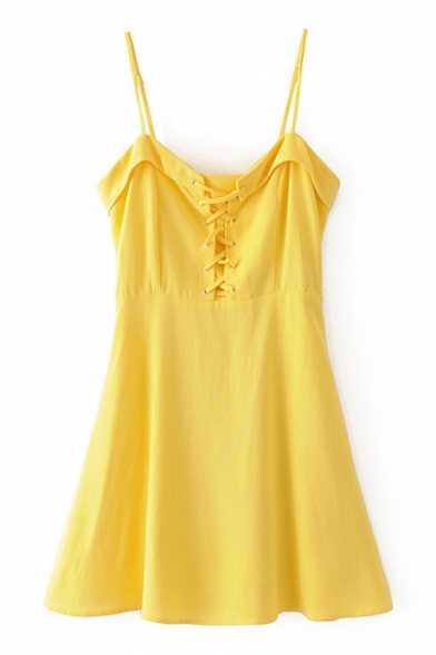 Lace-Up Front Spaghetti Straps Summer's Fresh Yellow Mini A-Line Slip Dress