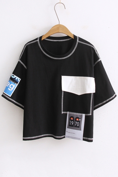 Loose Simple Appliqued Contrast Sewed Pattern Tee with A False Pocket