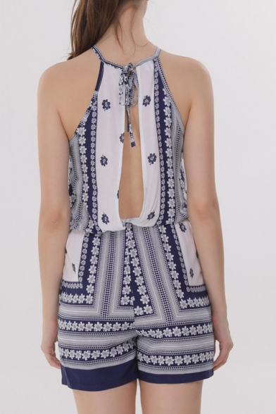 New Arrival Chic Tribal Printed Halter Neck Sleeveless Beach Loose Rompers
