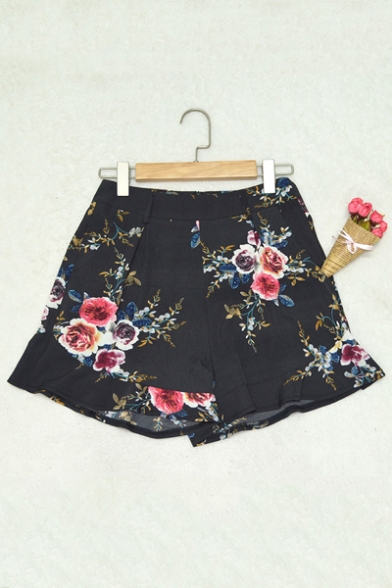 New Arrival High Waist Floral Printed Ruffle Hem Casual Shorts with Belt