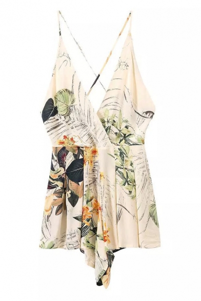 New Arrival Holiday Beach Spaghetti Straps Foliage Printed Rompers