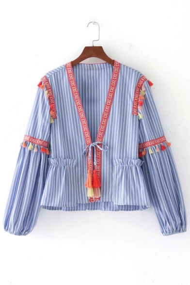 Striped Printed Long Sleeve Plunge Neck Tassel Embellished Kimono Top