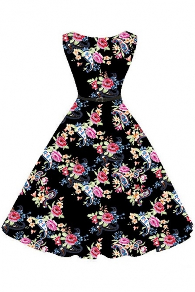 Vintage Color Block Floral Printed Sleeveless Boat Neck Midi A-Line Dress