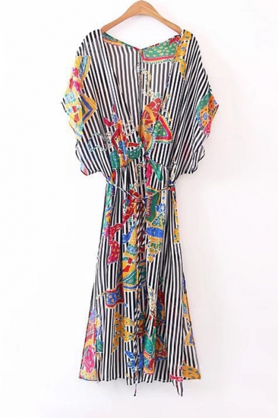 Women's Plunge V-Neck Striped Color Block Printed Short Sleeve Belt Waist Maxi Dress