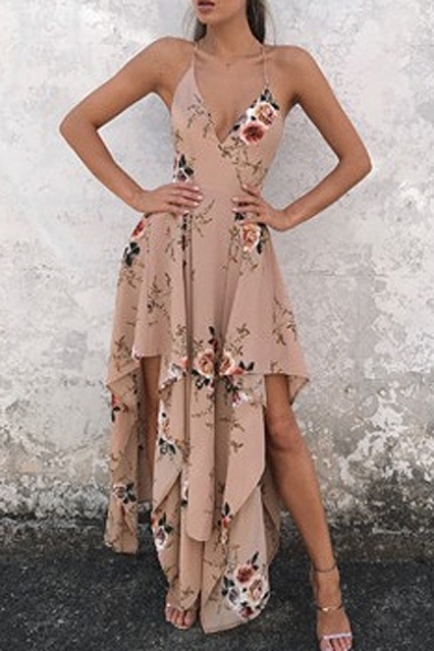 Boho Floral Printed Spaghetti Straps Holiday Beach Asymmetrical Slip Dress