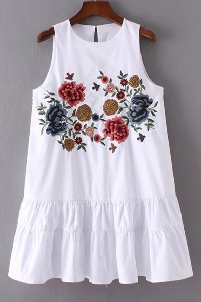 Fashion Round Neck Sleeveless Floral Embroidered Mini A-Line Tank Dress