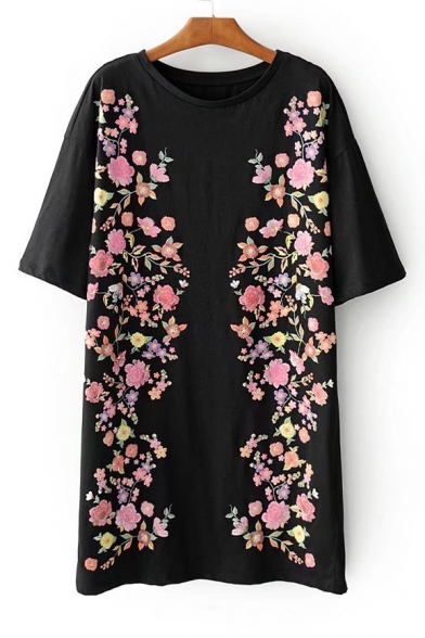 Floral Printed Short Sleeve Round Neck Mini T-Shirt Dress