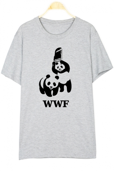 Funny Fighting Panda Printed Short Sleeve Round Neck Graphic Tee