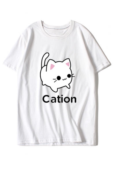 Lovely Cartoon Cat Printed Round Neck Short Sleeve Loose Leisure Tee