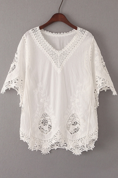 New Arrival Chic Crochet Hollow Out V Neck Half Sleeve Plain Pullover Blouse